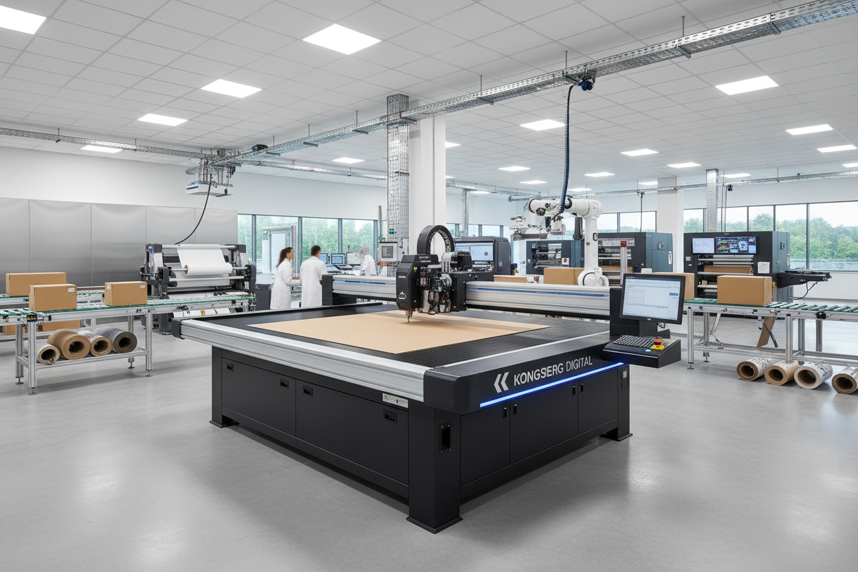 Una grande fresatrice digitale Kongsberg si trova al centro di un moderno laboratorio di produzione.